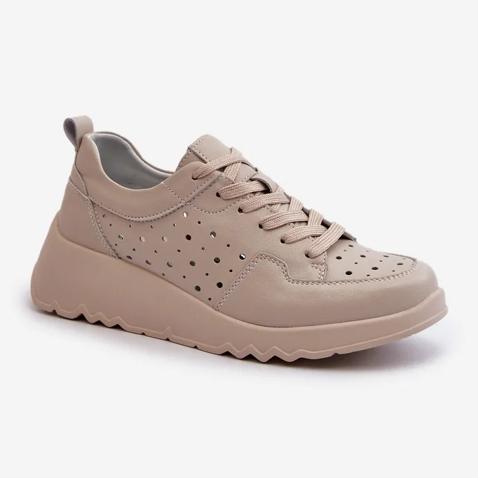 Baskets Compensées Ajourées Femme, Cuir Naturel, Beige S.Barski LR482