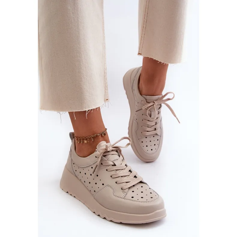 Baskets Compensées Ajourées Femme, Cuir Naturel, Beige S.Barski LR482