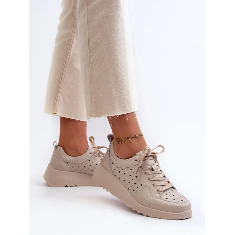 Baskets Compensées Ajourées Femme, Cuir Naturel, Beige S.Barski LR482