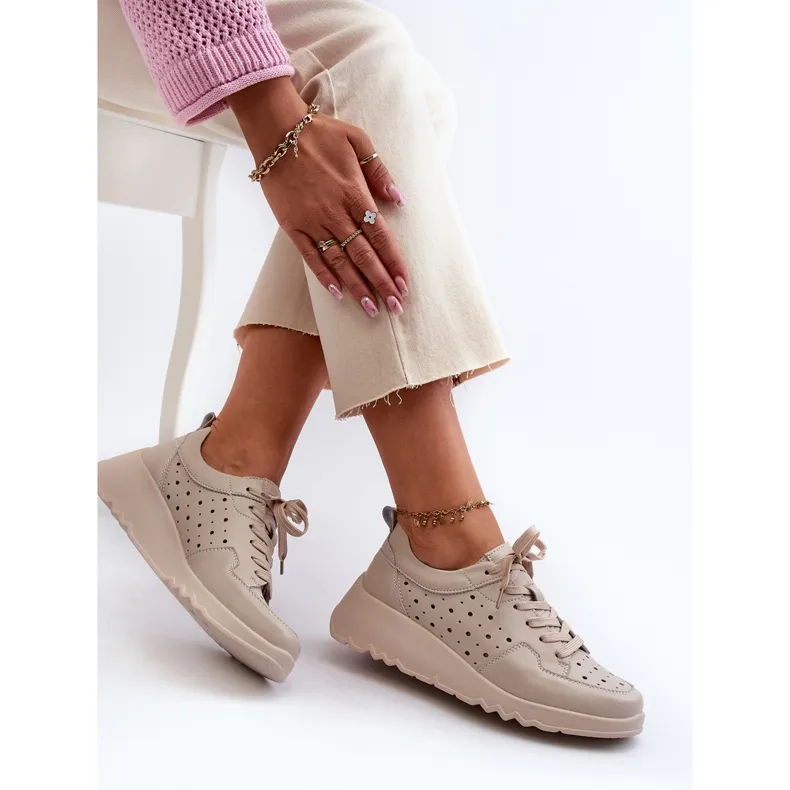 Baskets Compensées Ajourées Femme, Cuir Naturel, Beige S.Barski LR482