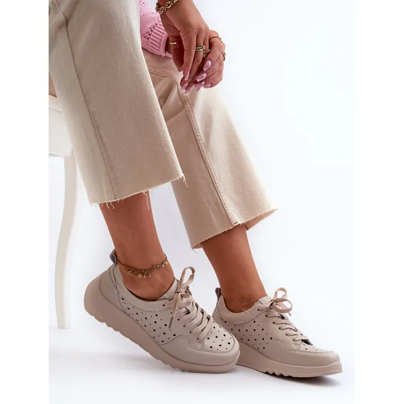 Baskets Compensées Ajourées Femme, Cuir Naturel, Beige S.Barski LR482