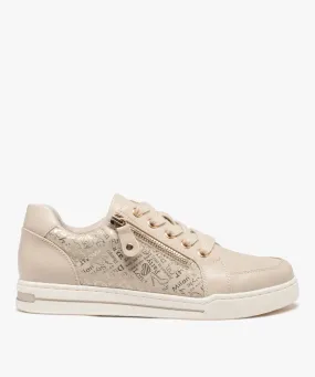 baskets femme unies a lacets et a double zip avec details imprimes fantaisie beige standard