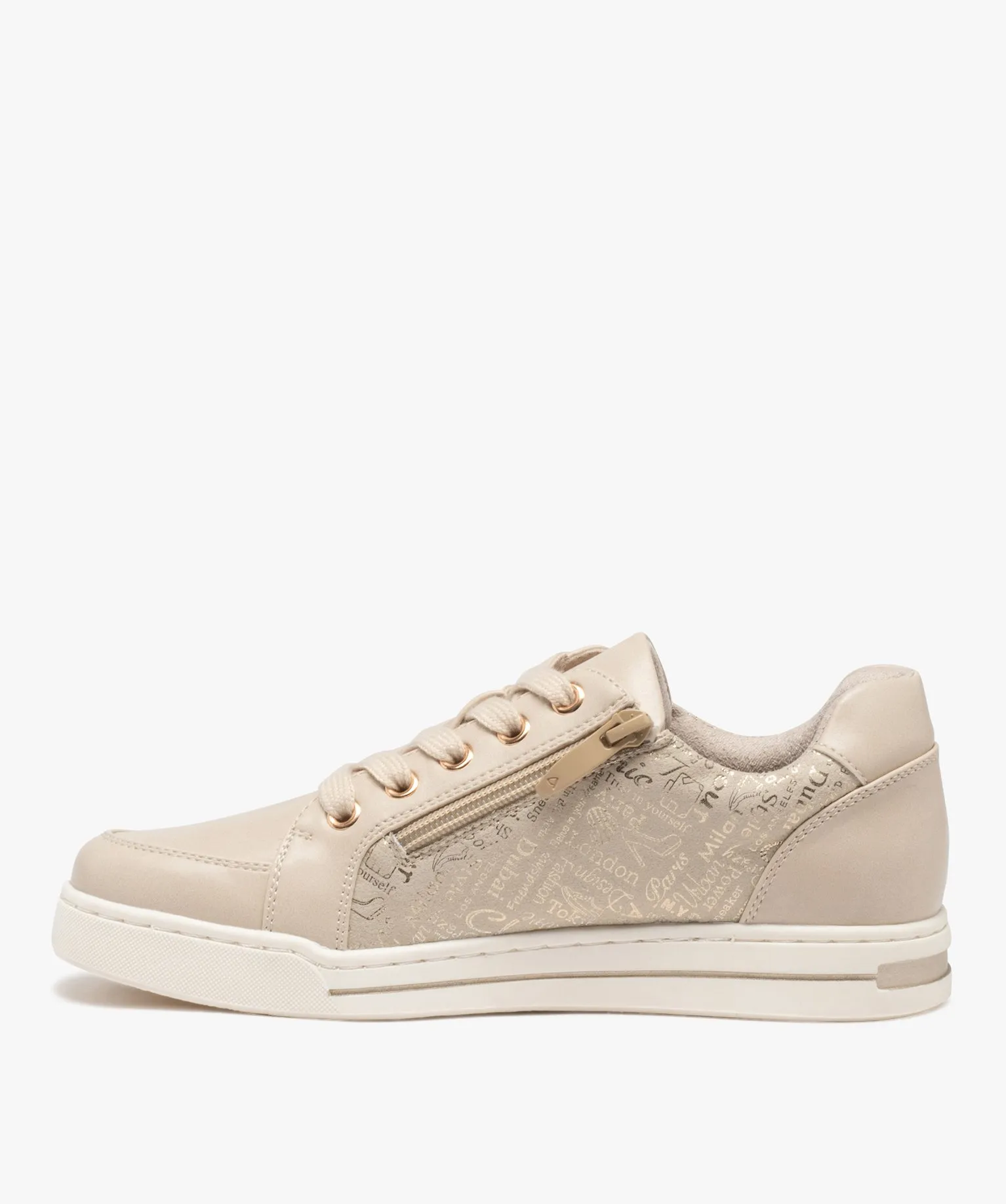 baskets femme unies a lacets et a double zip avec details imprimes fantaisie beige standard