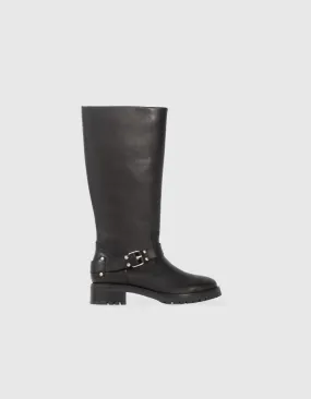 Bottes esprit motard noires cuir à semelles crantées Femme