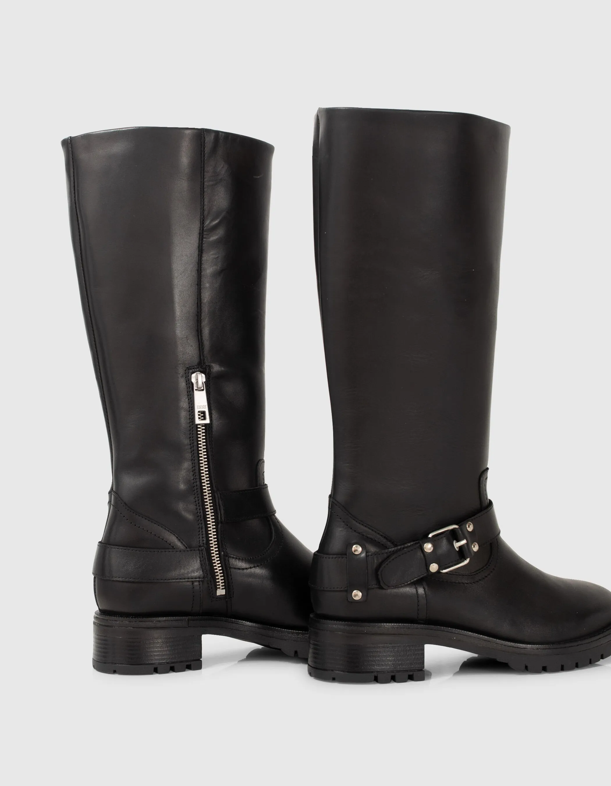 Bottes esprit motard noires cuir à semelles crantées Femme