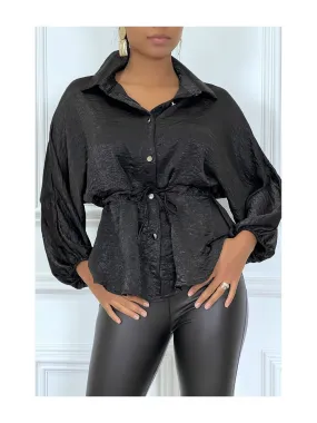 Chemise noire à cordon à la taille, effet satiné