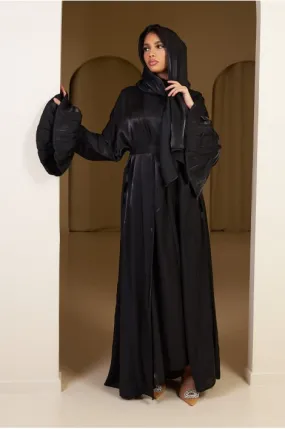 Ensemble 3 pièces abaya + gilet + voile satinée et pailletée noir