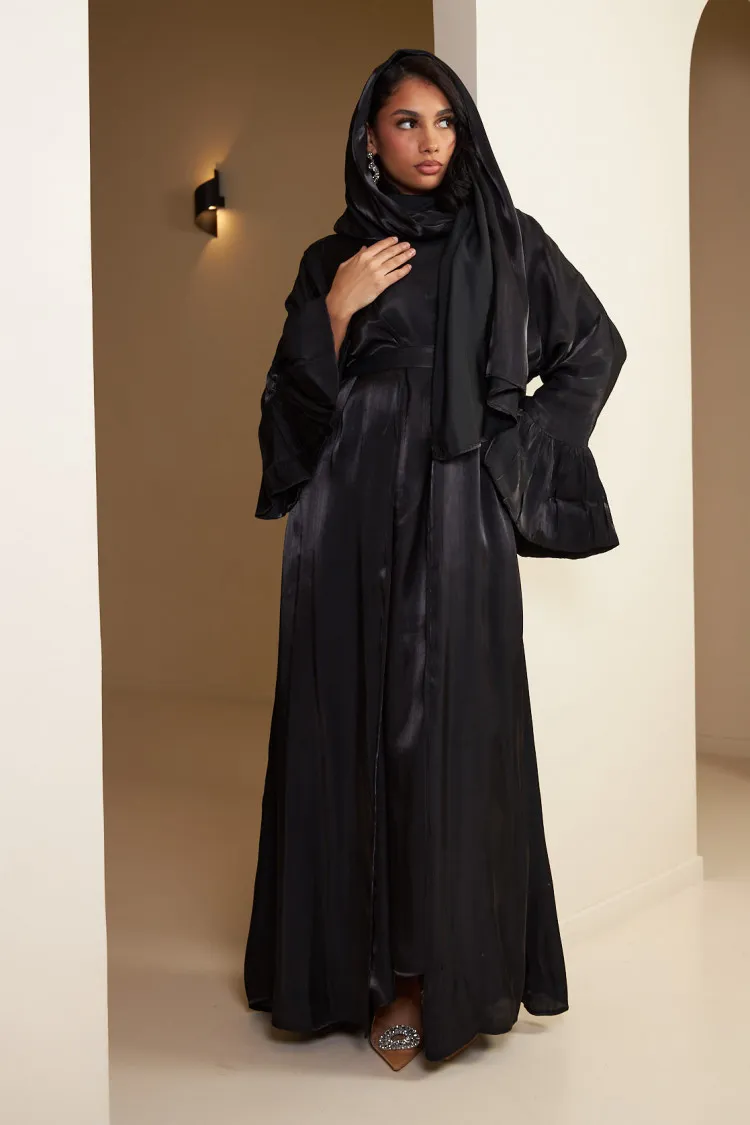 Ensemble 3 pièces abaya + gilet + voile satinée et pailletée noir