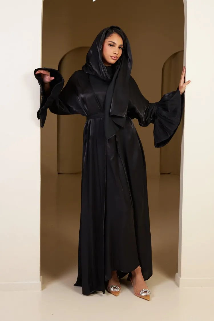 Ensemble 3 pièces abaya + gilet + voile satinée et pailletée noir