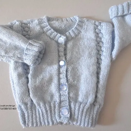 Ensemble naissance gilet, bonnet, chaussons, bleu azur, mixte, tricot bebe, layette, bb modèle sur commande