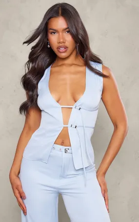 Gilet sans manches de tailleur tissé bleu clair à détail ceinture