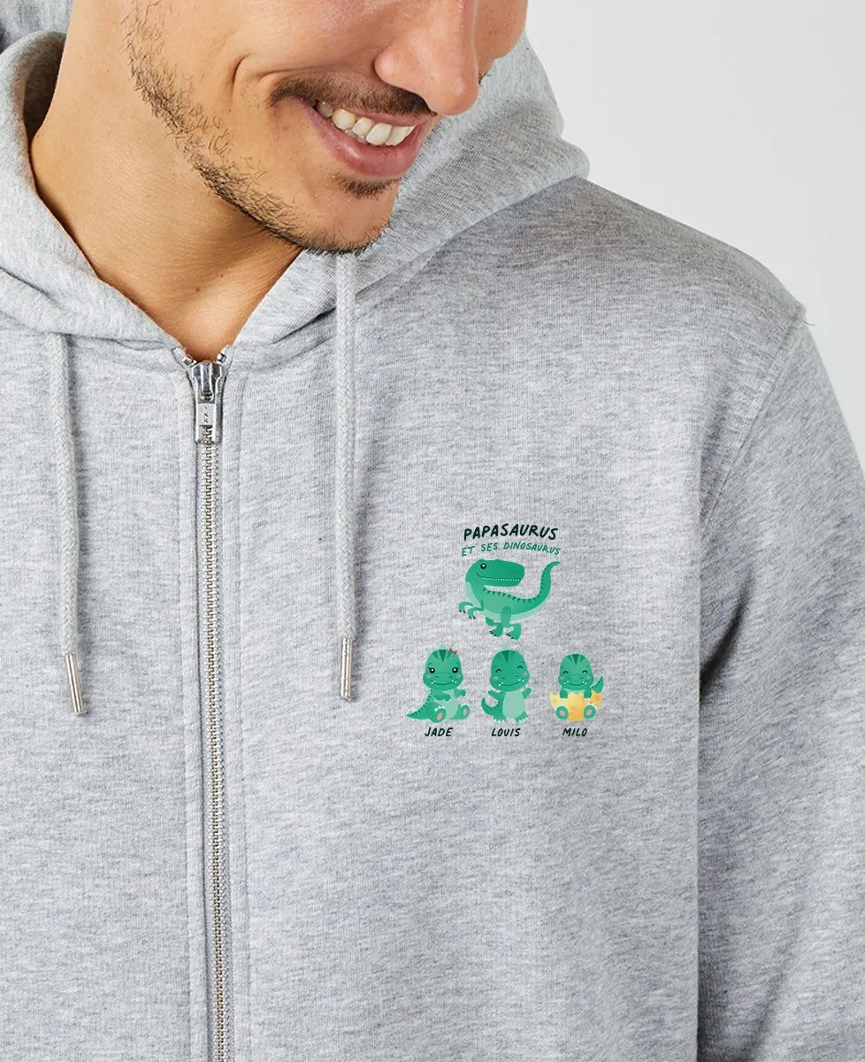 Hoodie zippé homme Papasaurus et ses dinosaurus personnalisé