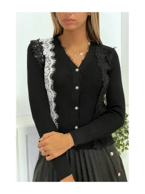 Magnifique gilet noir avec dentelle et broderie blanc et noir