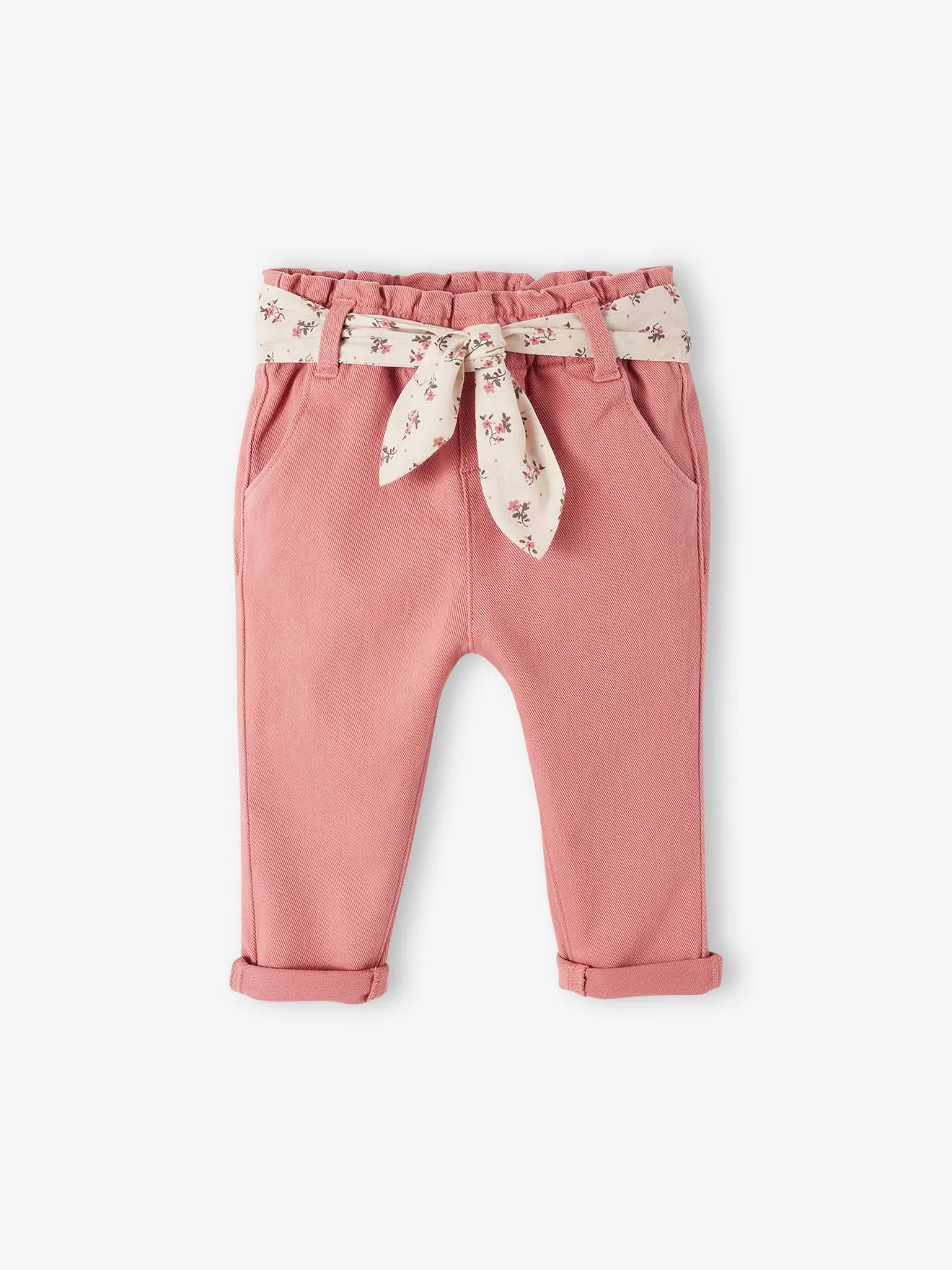 Pantalon avec ceinture en tissu bébé vert grisé - Vertbaudet