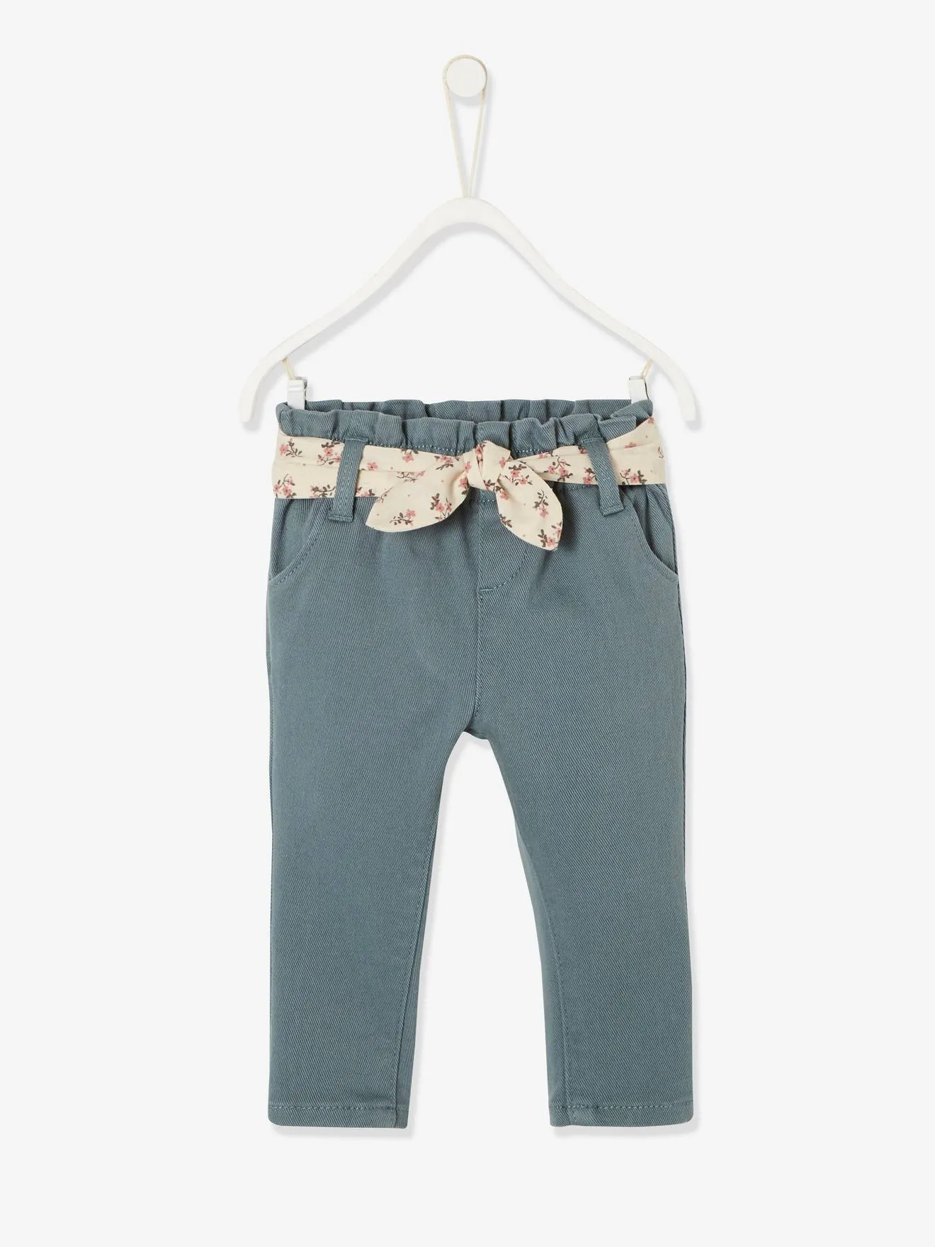 Pantalon avec ceinture en tissu bébé vert grisé - Vertbaudet