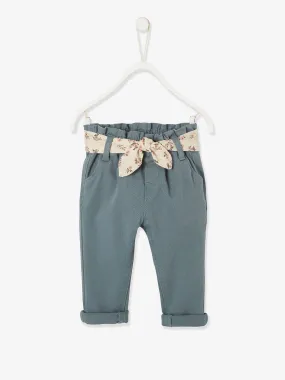 Pantalon avec ceinture en tissu bébé vert grisé - Vertbaudet