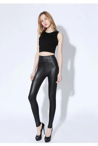 Pantalon en pu slim pour femme taille élastique