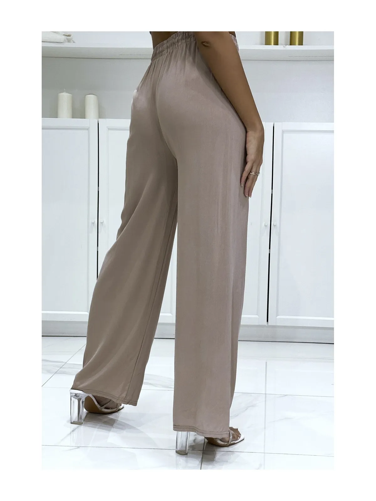 Pantalon palazzo taupe en coton uni