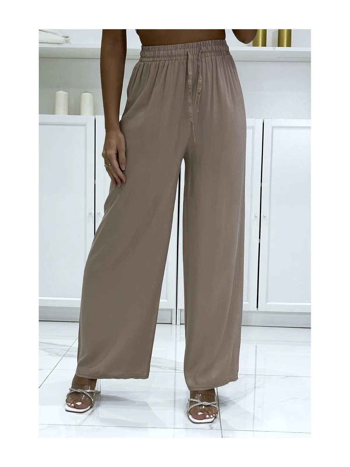 Pantalon palazzo taupe en coton uni