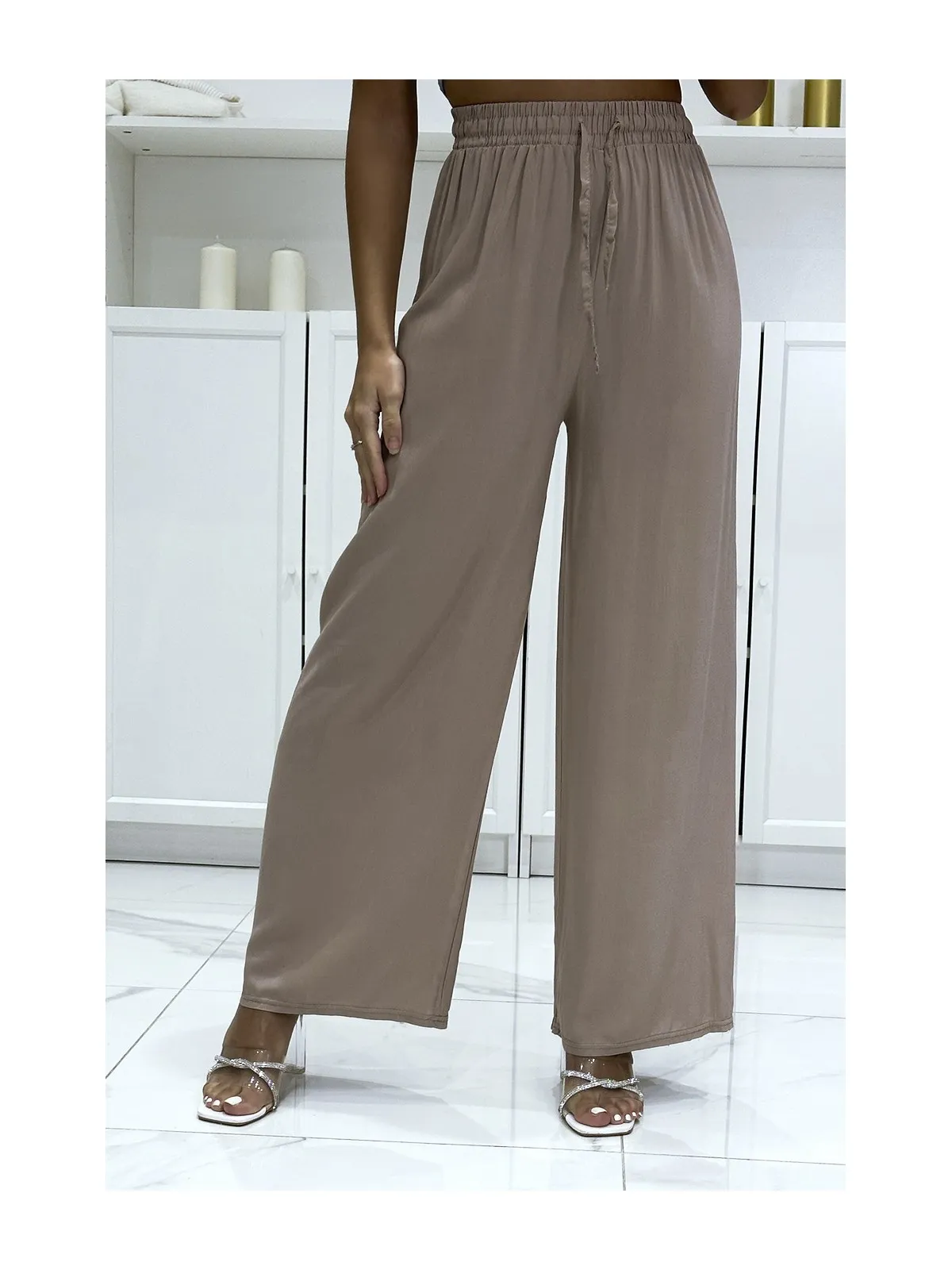 Pantalon palazzo taupe en coton uni