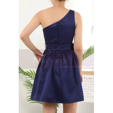 Robe De Fête Courte Bleu Asymétrique Jolie Ceinture A Noeud