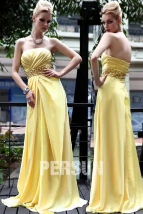 Robe de soirée pour un mariage jaune moulante bustier drapé avec une ceinture de bijoux