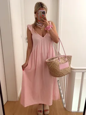 Robe LATITA Longue en gaze de coton à bretelles rose