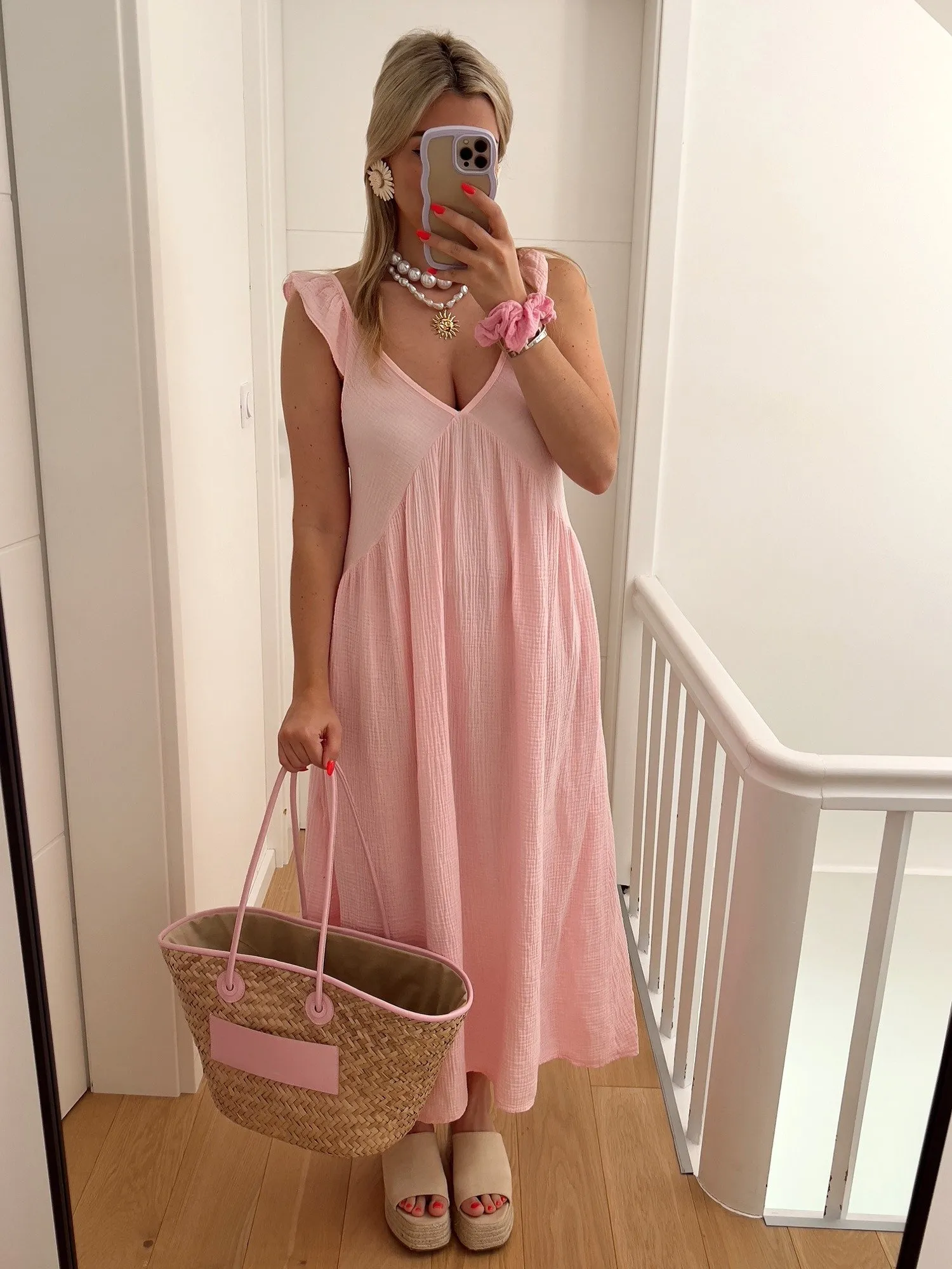 Robe LATITA Longue en gaze de coton à bretelles rose