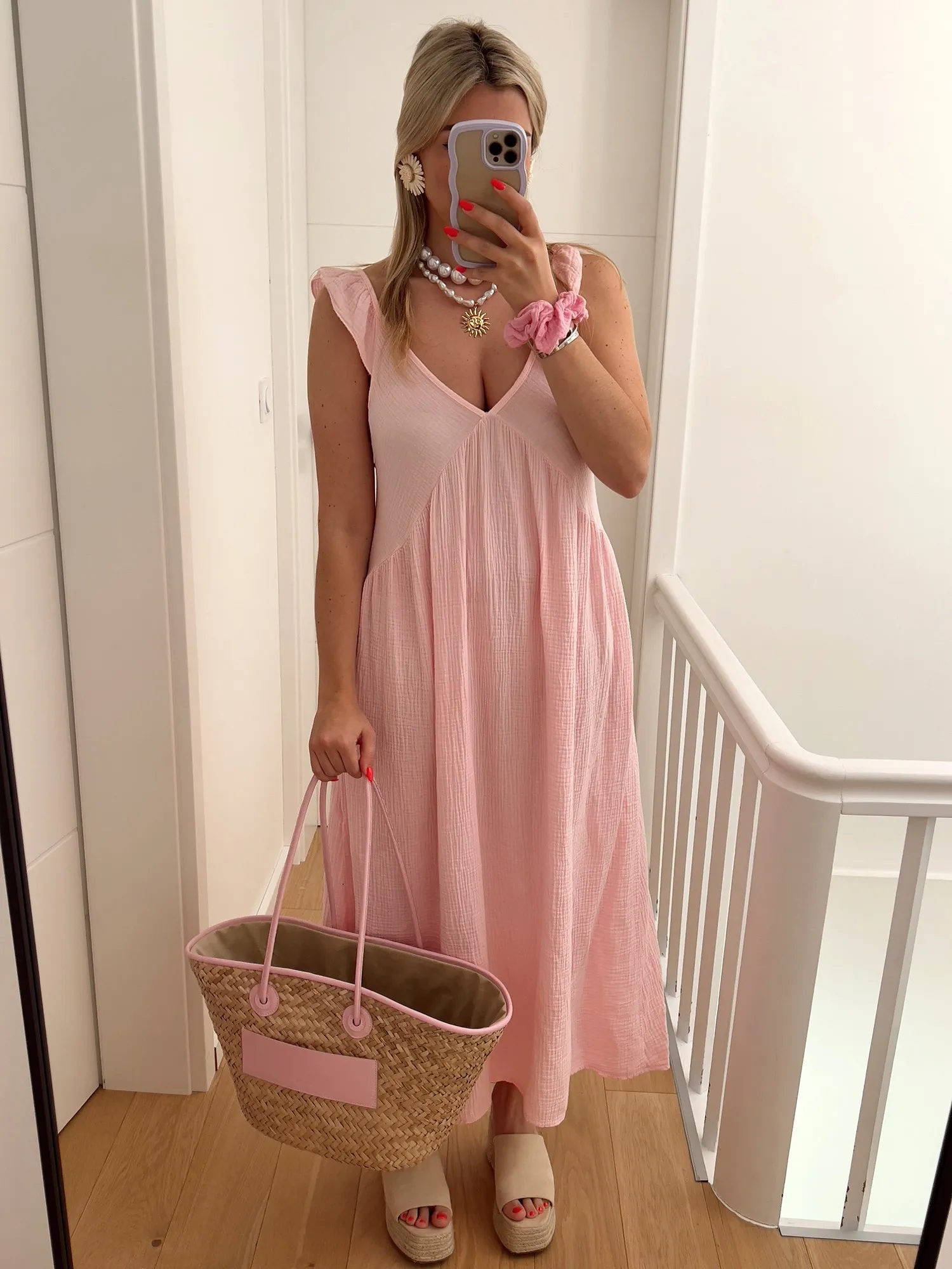 Robe LATITA Longue en gaze de coton à bretelles rose