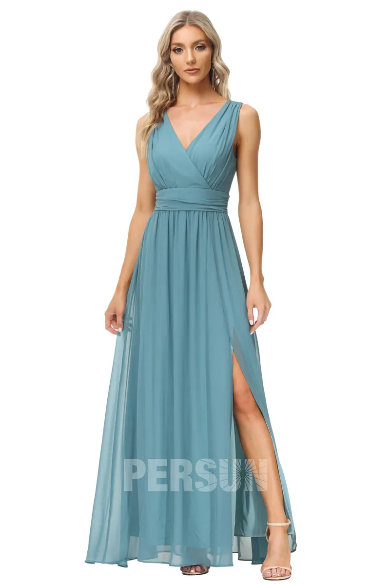 Robe longue fendue en mousseline dusty blue pour cortège mariage