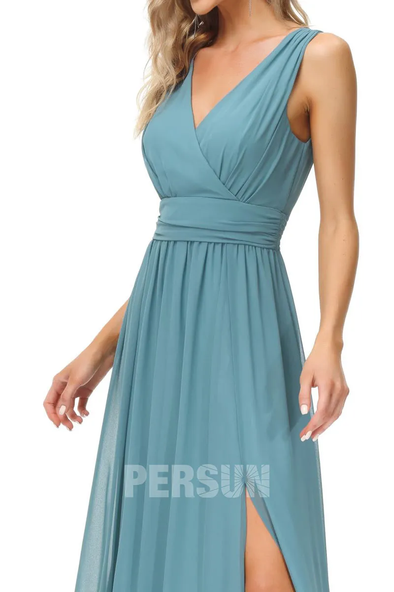 Robe longue fendue en mousseline dusty blue pour cortège mariage