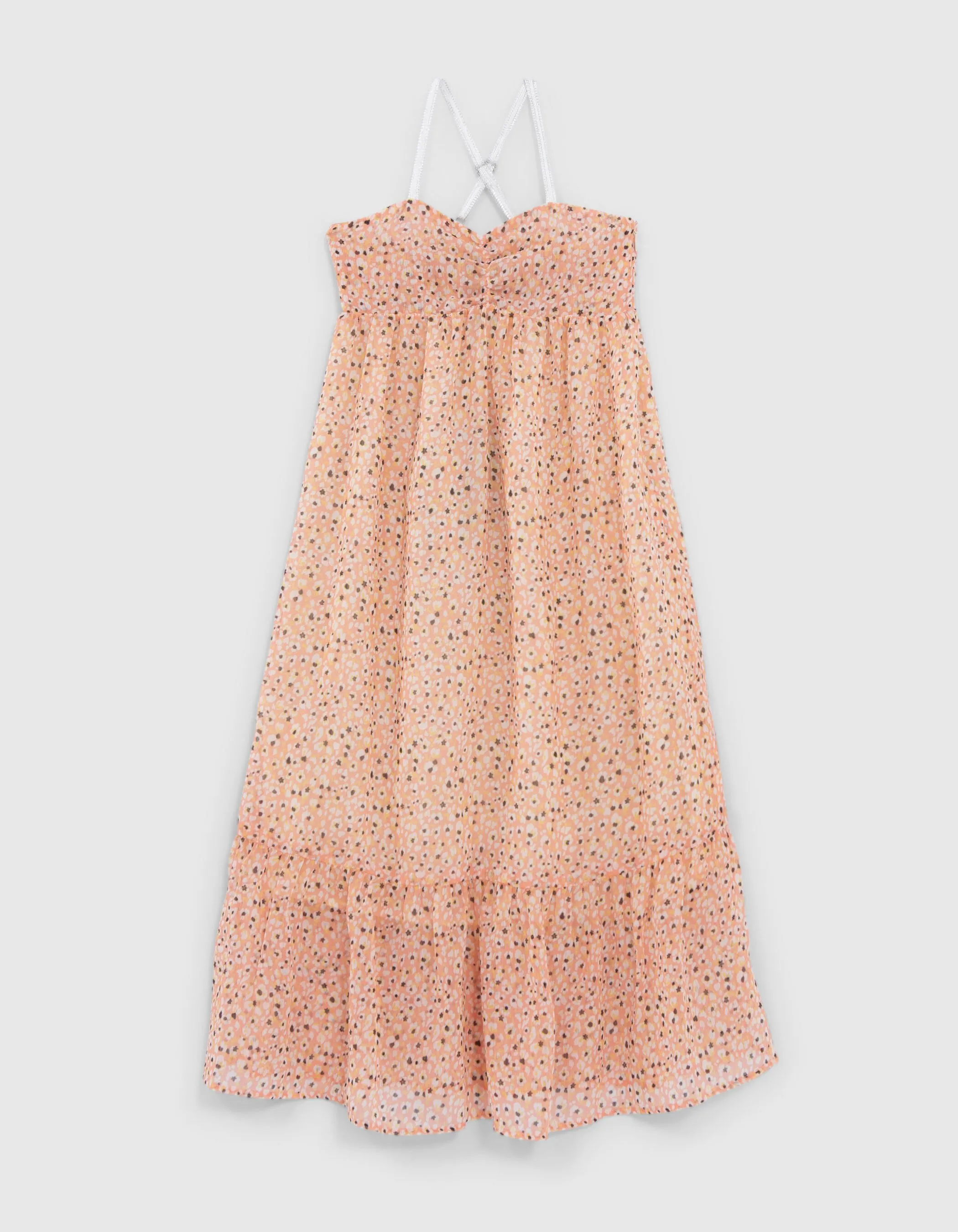 Robe longue pêche imprimé tachiste fleurs fille