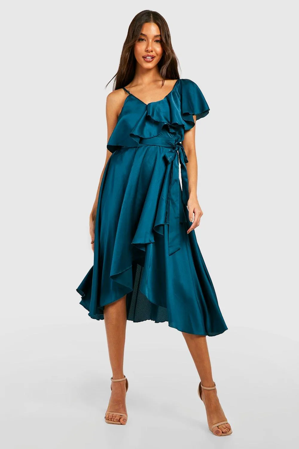 Robe portefeuille satinée à volants