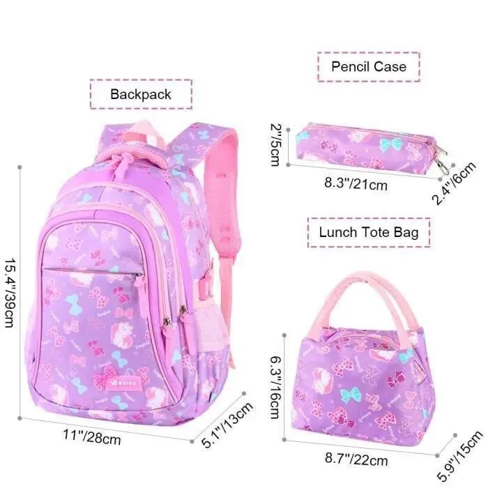 Sac à Dos, Cartable Fille Primaire 3 en 1 Enfant Scolaire en Nylon Imperméable (Pourpre)