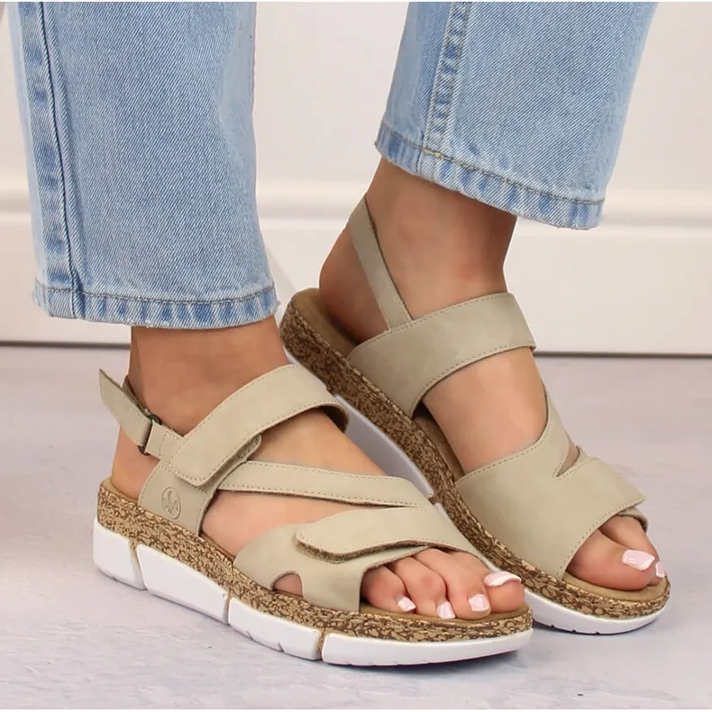 Sandales confortables à velcro beiges pour femmes Rieker V2366-60