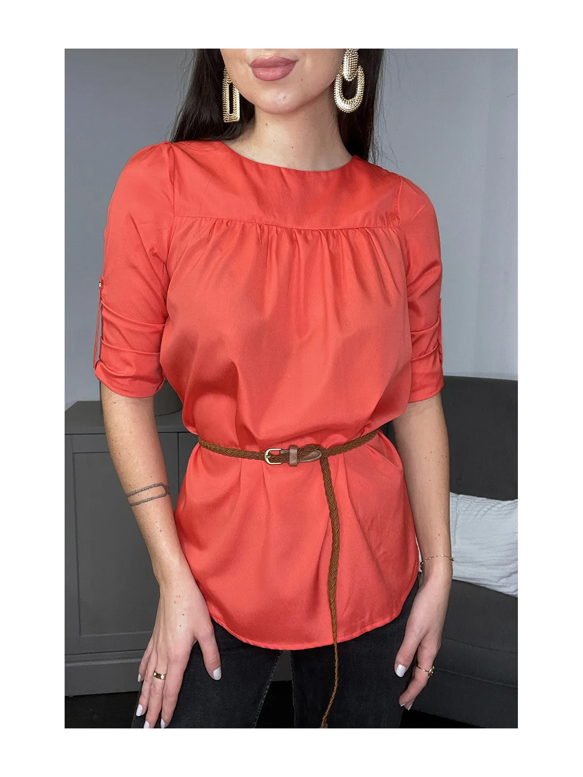 TuCTque blouse corail manches 3/4 et ceinture tressée