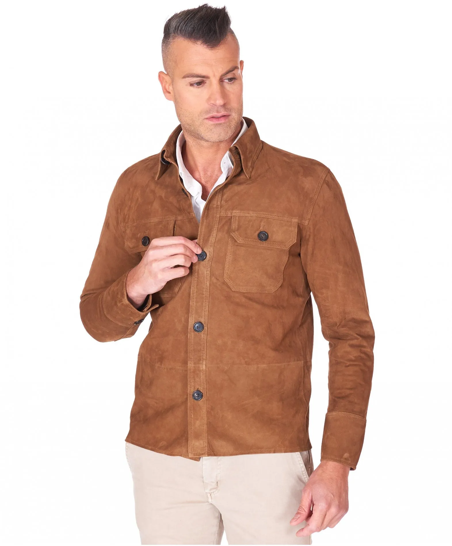 Veste cuir homme style chemise cuir velours cognac Claude