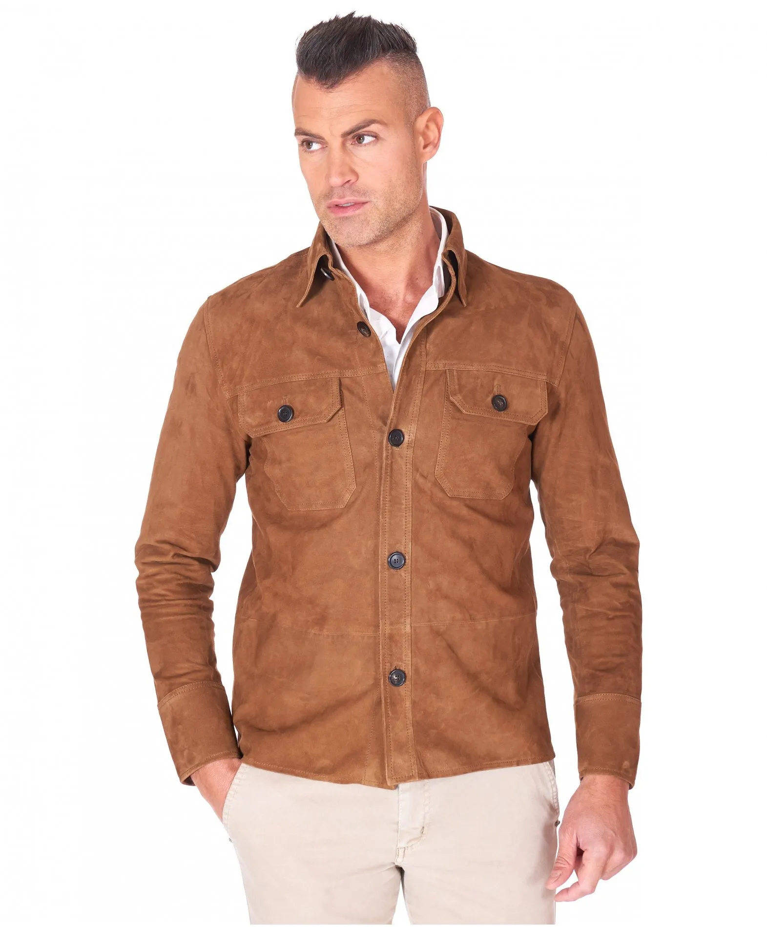 Veste cuir homme style chemise cuir velours cognac Claude